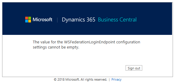 The value for the WSFederationLoginEndpoint configuration settings cannot be empty.